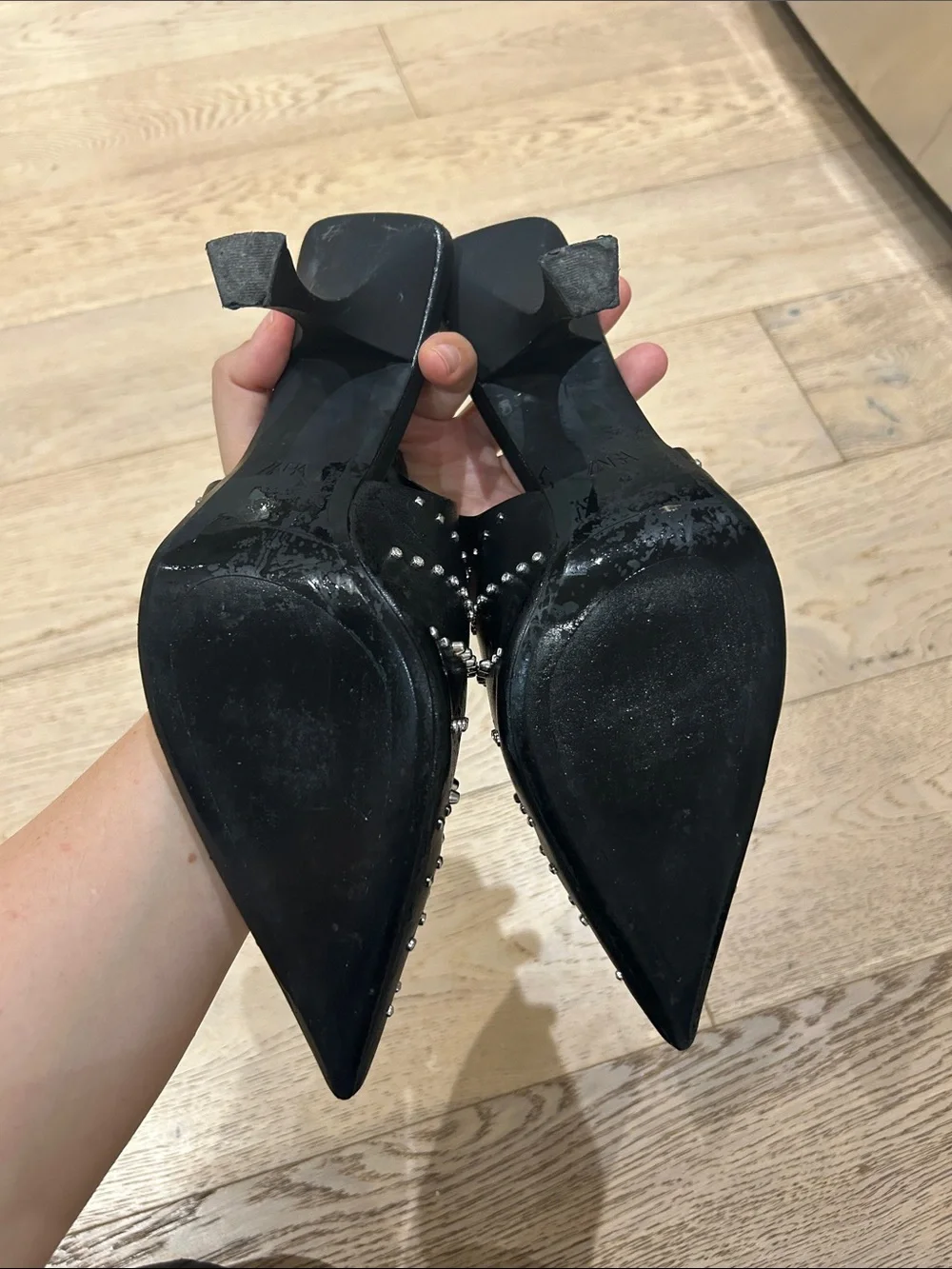 ZARA Black Pointed Slingback Flats with Silver Studs - Picture 2 of 2